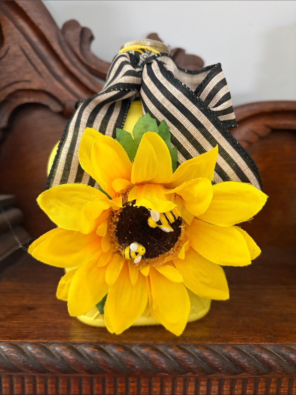 Yellow Sunflower Decorative Bottle with Black-White Stripe Bow